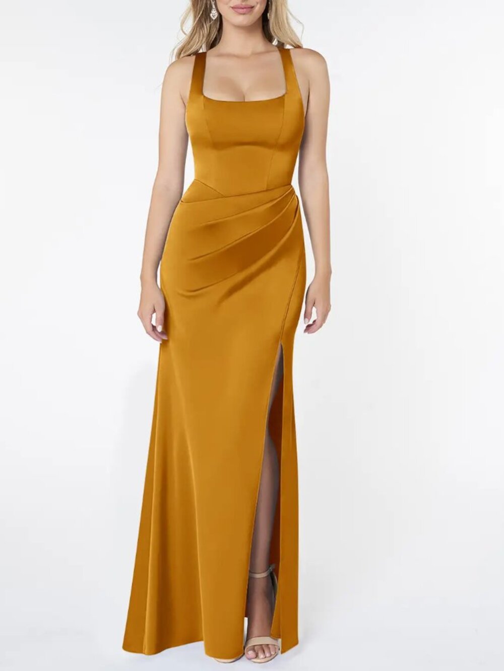 Azazie Mero - Mermaid Pleated Stretch Satin Dress in Butterscotch